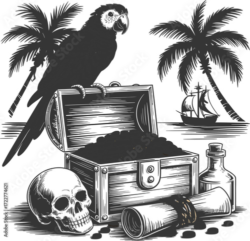Pirate Treasure Awaits Adventurous Seekers A Hands Drawing Illustration
