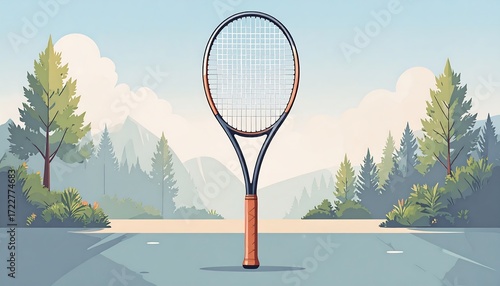 Tennis racket in a tranquil natural setting
