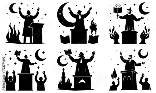 Silhouetted figures preaching with books and moons in a vector graphic