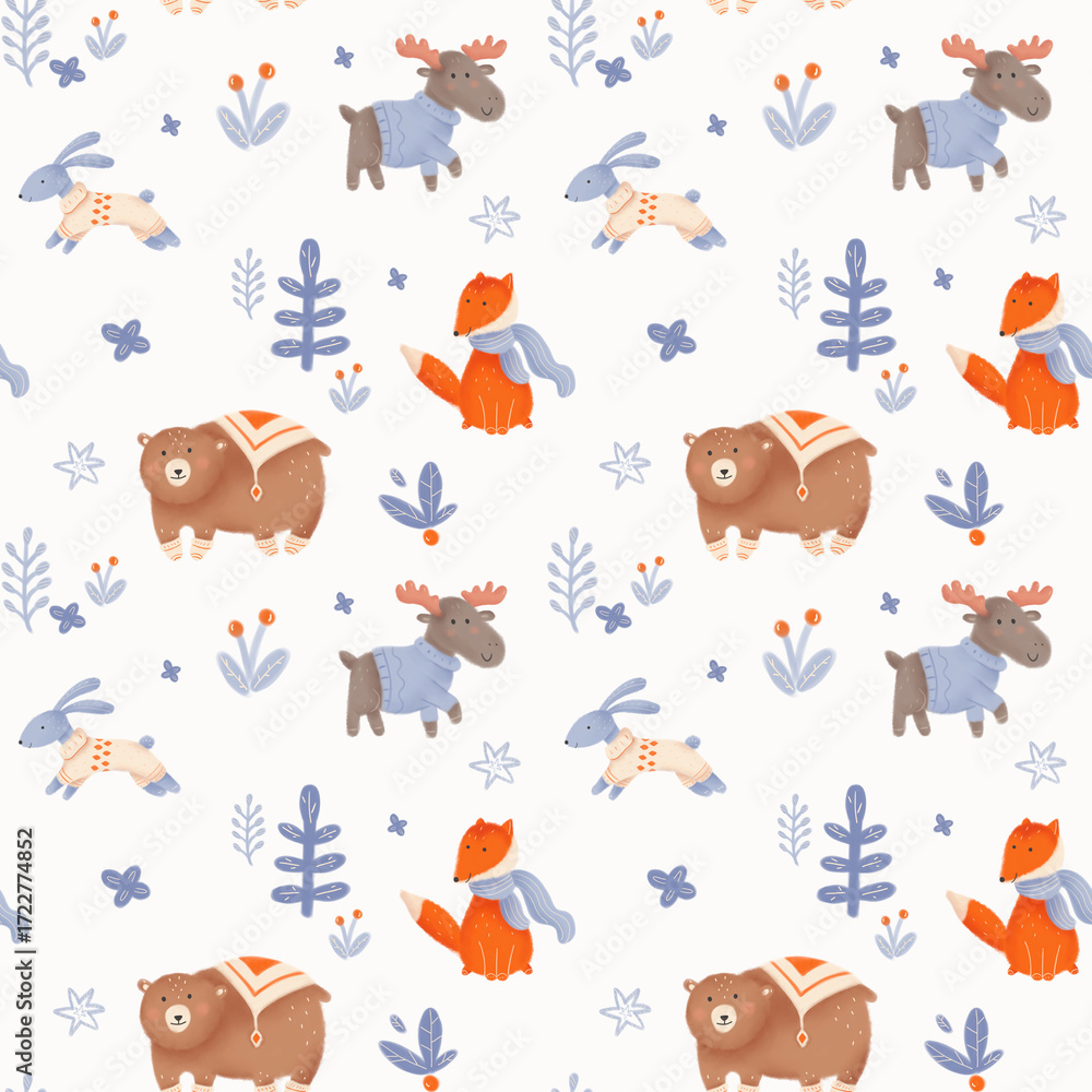 Obraz premium A pattern with cute forest animals. Fox Moose Bear Rabbit Is suitable for fabric, wrapping paper