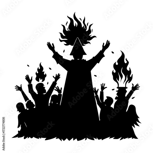 Silhouette of a robed figure with arms raised surrounded by onlookers fire