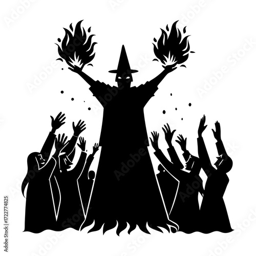 Wizard with fireballs and a crowd of people reaching up to the wizard