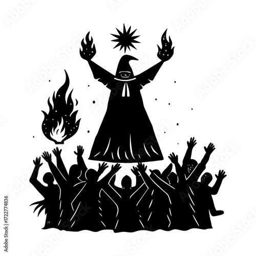 Silhouette of a wizard with raised hands surrounded by a crowd of people