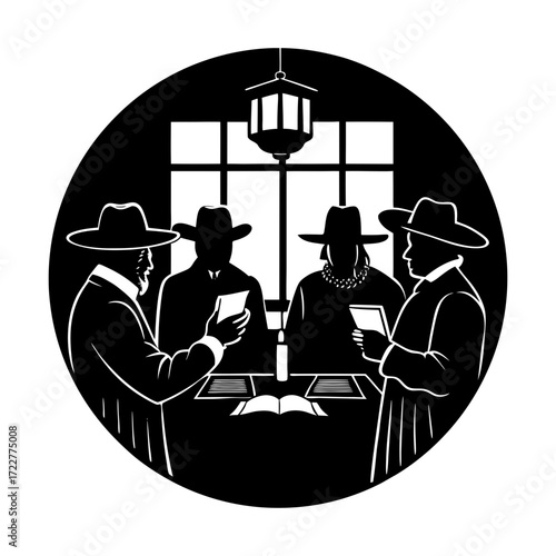 Silhouetted figures in hats gathered around a table in a dark room