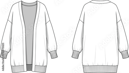 Oversized open front cardigan technical cad sketch, flat vector fashion drawing with ribbed cuffs, long sleeves, cozy layering outerwear design