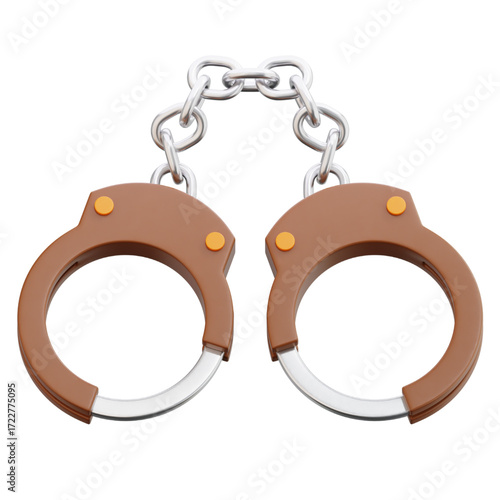 Realistic 3D Render of Brown Handcuffs, Symbolizing Law Enforcement, Justice, and Confinement, Detailing Metal Chain and Arrest in a Studio Shot