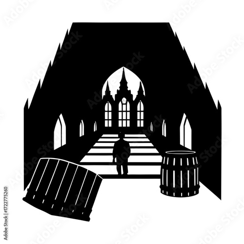 Silhouette of a man walking through a castle with barrels present too