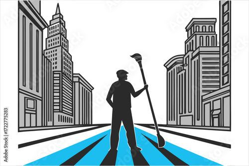 Vector art of silhouette of a man holding a broom in a city street with buildings on either side and blue lines on the ground