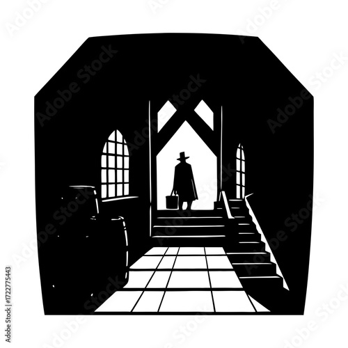 Silhouette of a man with a suitcase standing on stairs in a dark room