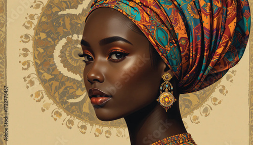 Vector portrait of an elegant African woman in traditional attire with colorful headwrap and jewelry, flat design style, AI Generate 