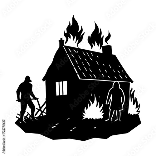 Silhouette of a burning house with two people and a fireman nearby