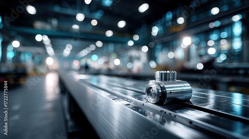 Vintage Lathe Machine with Silver Metal Component in Industrial Setting with Cinematic HDR Lighting and Blue Tones