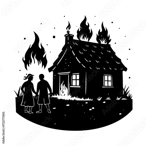 A couple looks on as their house burns with flames coming from windows