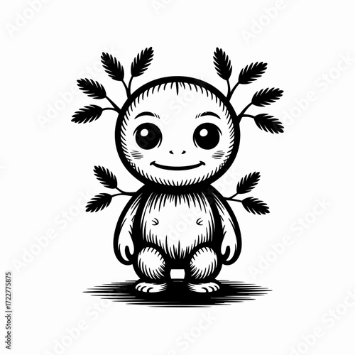 Black and White Vector Illustration of Cute Forest Spirit with Leaves | Stylized Woodland Spirit Drawing with Foliage | Whimsical Forest Creature Icon for Creative Design