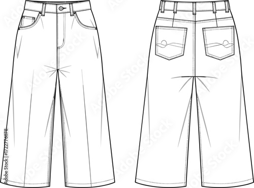 Wide leg denim jeans flat sketch, front and back technical fashion cad drawing, detailed vector illustration for apparel design