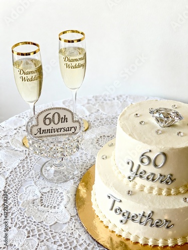 Luxury diamond wedding celebration with cake and champagne, 60th anniversary