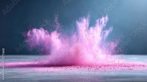 Vivid Pink Powder Explosion Against Dark Blue Background on Gray Surface with Glitter Particles Creating Abstract Cloud of Dynamic Movement