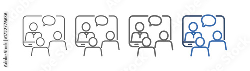 
outline icon set on line lesson with computer design, conversation and three people