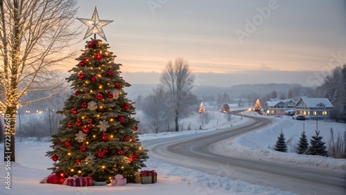 Beautiful Christmas Tree in Snowy Landscape with Gifts and Village View