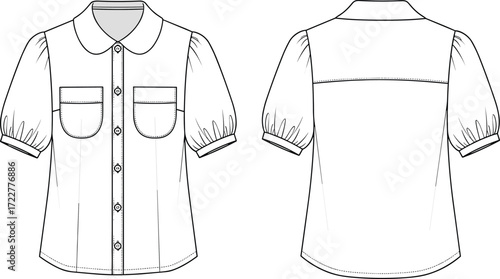 Short puff sleeve blouse CAD drawing, front and back technical sketch, flat fashion vector illustration with button down shirt design
