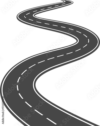 Vector art of a winding asphalt road with white dashed lines, isolated on a