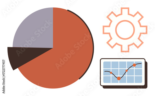 Pie chart with distinct sections, a trend chart with analytics points, and a gear symbol for process. Ideal for business, analytics, data visualization, strategy, workflow planning teamwork. A