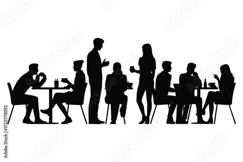 Silhouettes of people socializing at tables outdoors