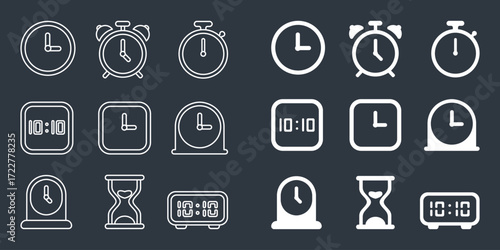 Collection of Modern Clock and Timekeeping Icons on Dark Background Featuring Wall Clocks, Alarm Clocks, Stopwatches, Digital Clocks, Sand Timers, and Table Clocks
