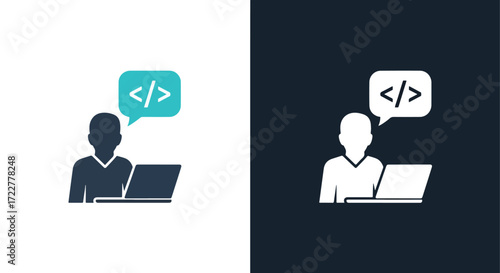 Programmer coding icon with laptop and chat bubble symbolizing development