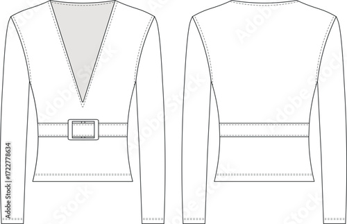 v neck long sleeve belted fit elastic knitted blouse top sweater pullover knitwear template technical drawing flat sketch cad mockup fashion woman design style model 
