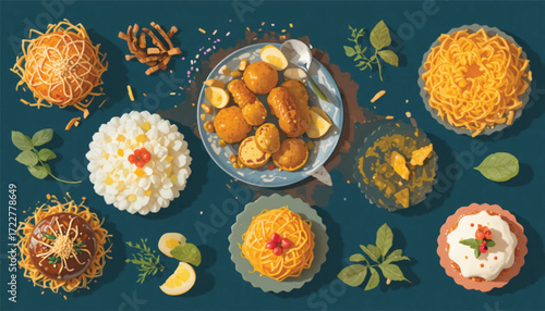 Minimalist vector of traditional Bengali sweets in a flat lay style, AI Generate 
