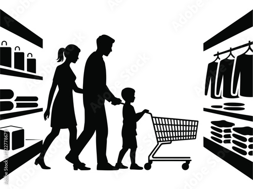 Family silhouette pushing a shopping cart in a store aisle