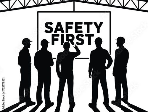Workers gather for safety first meeting under industrial structure