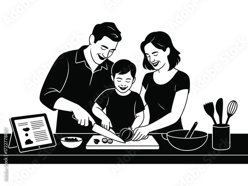 Family cooking together in the kitchen following a recipe on a tablet
