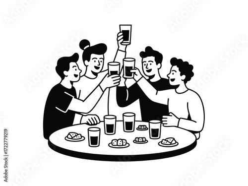 Friends celebrating with drinks around a table
