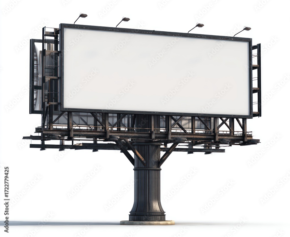Obraz premium A large, outdoor billboard with a blank white display surface, featuring a complex structural frame against a clean, white background with soft shadow