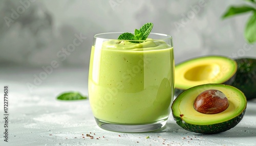 Avocado smoothie in clear glass with creamy texture, health-focused advertising style