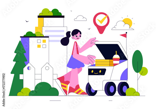 Food Delivery Robot Service Vector Illustration Featuring an AI Robot Serving Boxed Meals in a Restaurant with a Modern Robotic Waiter System Design