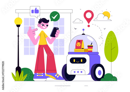 Food Delivery Robot Service Vector Illustration Featuring an AI Robot Serving Boxed Meals in a Restaurant with a Modern Robotic Waiter System Design