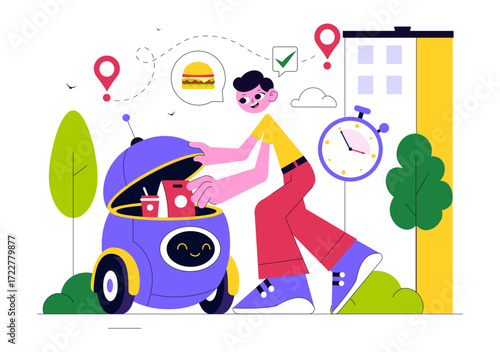 Food Delivery Robot Service Vector Illustration Featuring an AI Robot Serving Boxed Meals in a Restaurant with a Modern Robotic Waiter System Design