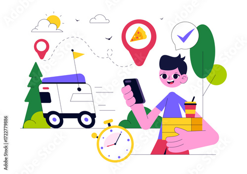 Food Delivery Robot Service Vector Illustration Featuring an AI Robot Serving Boxed Meals in a Restaurant with a Modern Robotic Waiter System Design