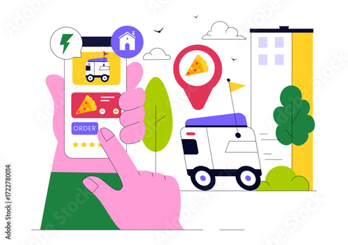 Food Delivery Robot Service Vector Illustration Featuring an AI Robot Serving Boxed Meals in a Restaurant with a Modern Robotic Waiter System Design