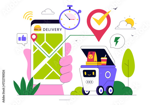Food Delivery Robot Service Vector Illustration Featuring an AI Robot Serving Boxed Meals in a Restaurant with a Modern Robotic Waiter System Design