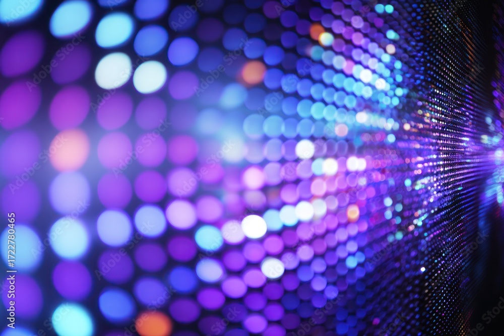 Obraz premium Abstract light pattern with blurred orbs transitions from soft focus to sharp, sparkling points. Purples, blues, and whites dominate