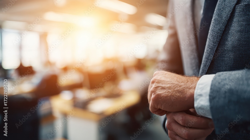 Fototapeta premium A professional adjusting cufflinks in a modern office, showcasing confidence and readiness for a successful meeting.