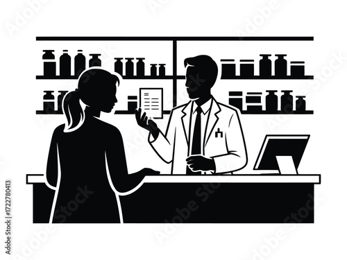 Pharmacist consults with customer behind pharmacy counter