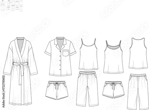 Women's sleepwear flat sketch, robe, pajama top, cami, shorts, pants, nightwear template, vector fashion drawing, technical illustration