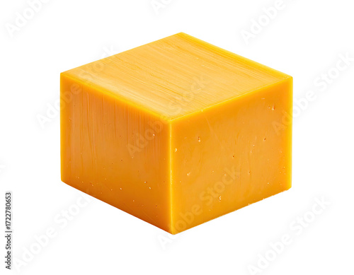 A solid, cubic block of orange-yellow cheese