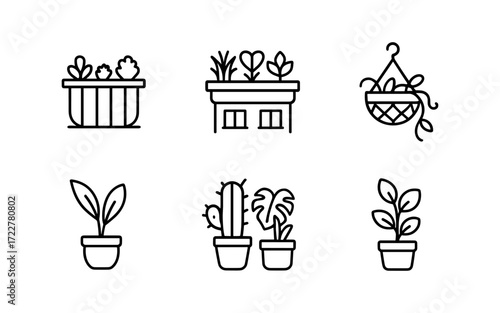 Set of indoor plant icons with flower pots, balcony planters, cactus, hanging basket and plant stand. Black outline vector illustrations on white background. Home gardening and green decor concept.