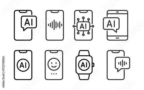Set of mobile technology and AI icons with smartphone, smartwatch, chat bubble, user profile, voice assistant and video call. Black outline vector illustrations on white background.